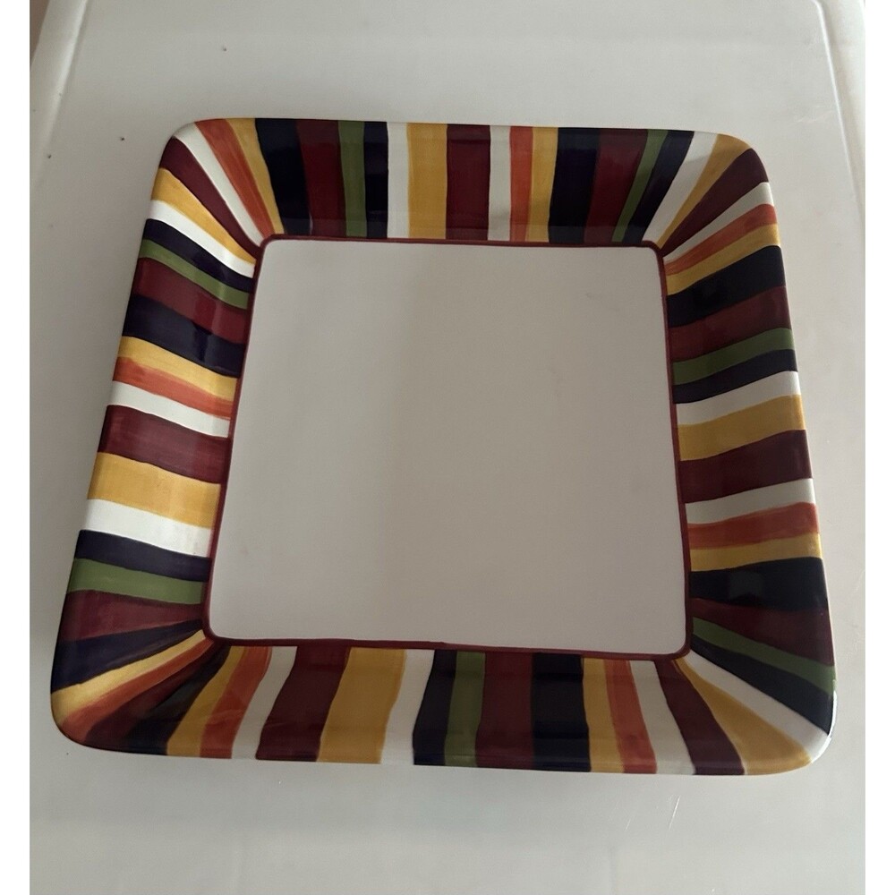 Pampered Chef Simple Additions Square Plate Multi-Color Striped Vintage Rim 8”